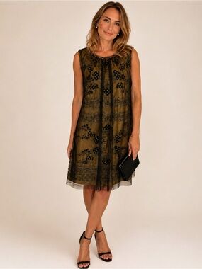 HOSS Intropia embellished Sequin Mesh Shift Dress Sleeveless Gold Black 38 S